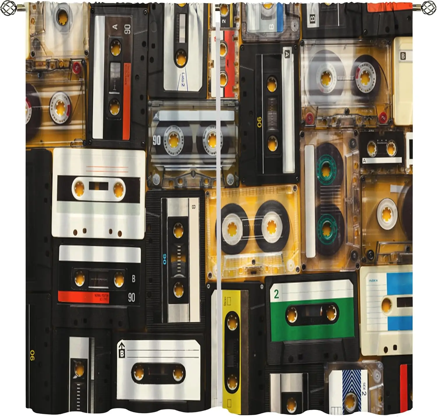 Nostalgic Retro Cassette Tape Curtain 2 Pack, Multicolor Old Audio Tape Collage Stack Print Drapes for Music Studio Bedroom Bar