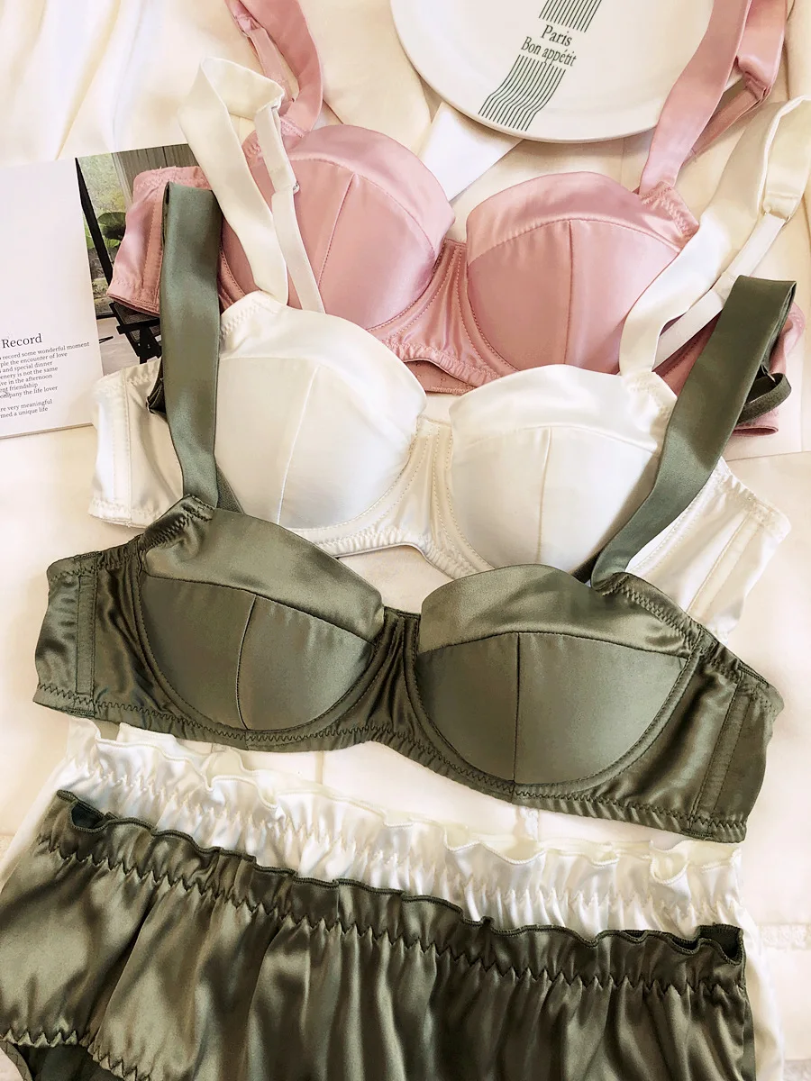 French soft steel ring satin thin underwear set large breasts show small half cup anti-sagging side breast lingerie satin