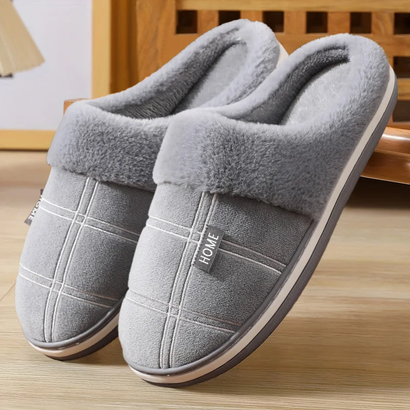 Pmoiste Men Soft Flannel Flu Plaid House Slippers Comfortable Memory Foam TPR Cushion Warm Living Room Shoes Slip-on Winter