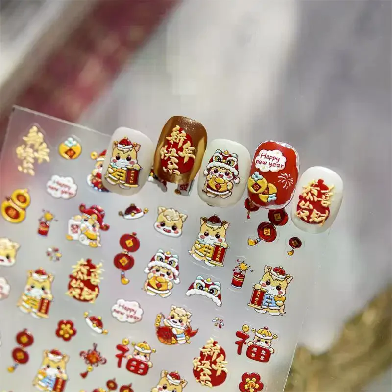 

Cute Chinese New Year Horse Year Lion Dance Bow Nail Art Print Stickers Lucky Pony Manicure Decals Festive Embossed Nail Decor