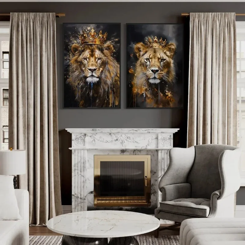 1pc frameless Canvas Painting Lion King and Lioness Queen with Crown Black Gold Painting Canvas Painting Romantic Couple Bedroom