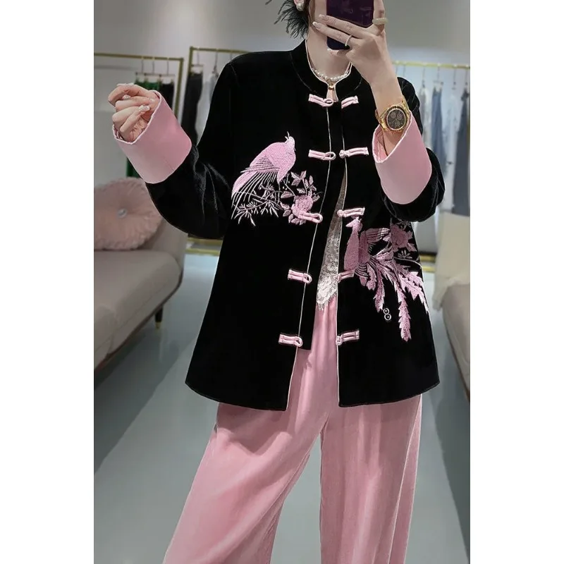 

High-end Phoenix Embroidery New Chinese-style Coat Women Tang Suit Top Black Color-blocked Velvet Outerwear Personality Fashion