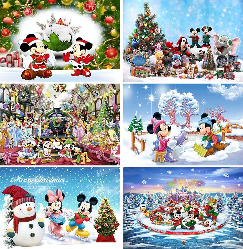 Merry Christmas Photography Backdrop Boy and Girl Mickey Photo Background Cartoon for Kids Birthday Party Supplies Decorations