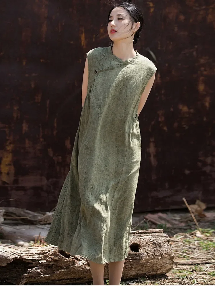 Abito casual in lino di cotone stile cinese donna nuovo arrivo 2025 abiti lunghi a trapezio femminili larghi con colletto alla coreana vintage estivo