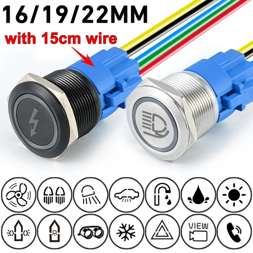 Imagen 1 del producto Interruptor de botón de metal personalizado de 16/19/22mm con luz led de parada de inicio de enchufe para cuerno de coche impermeable negro/plata 12V 24V 220V 5V