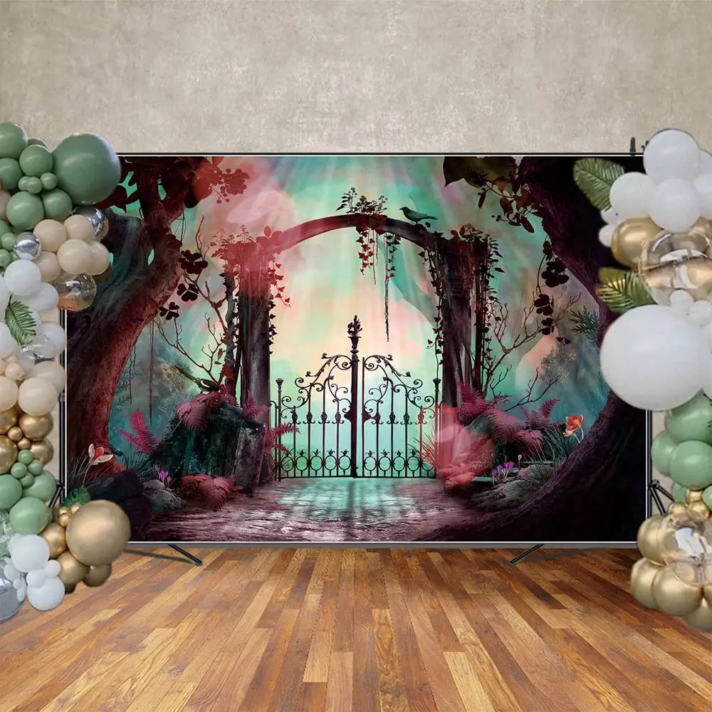 Alice In Wonderland Birthday Backdrop Photography Decoration Custom Fairy Forest Flowers Castles Gnome Hut Home Photo Background