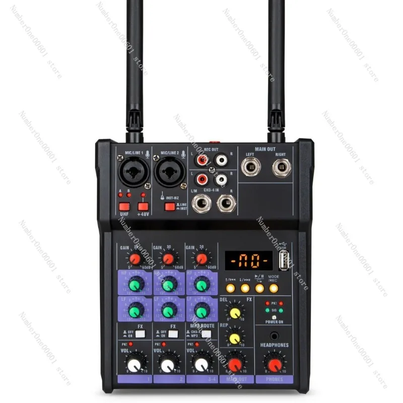 4-Channel Audio Mixer with Wireless Microphone Effects Bluetooth Reverb for Home Outdoor Singing and Recording