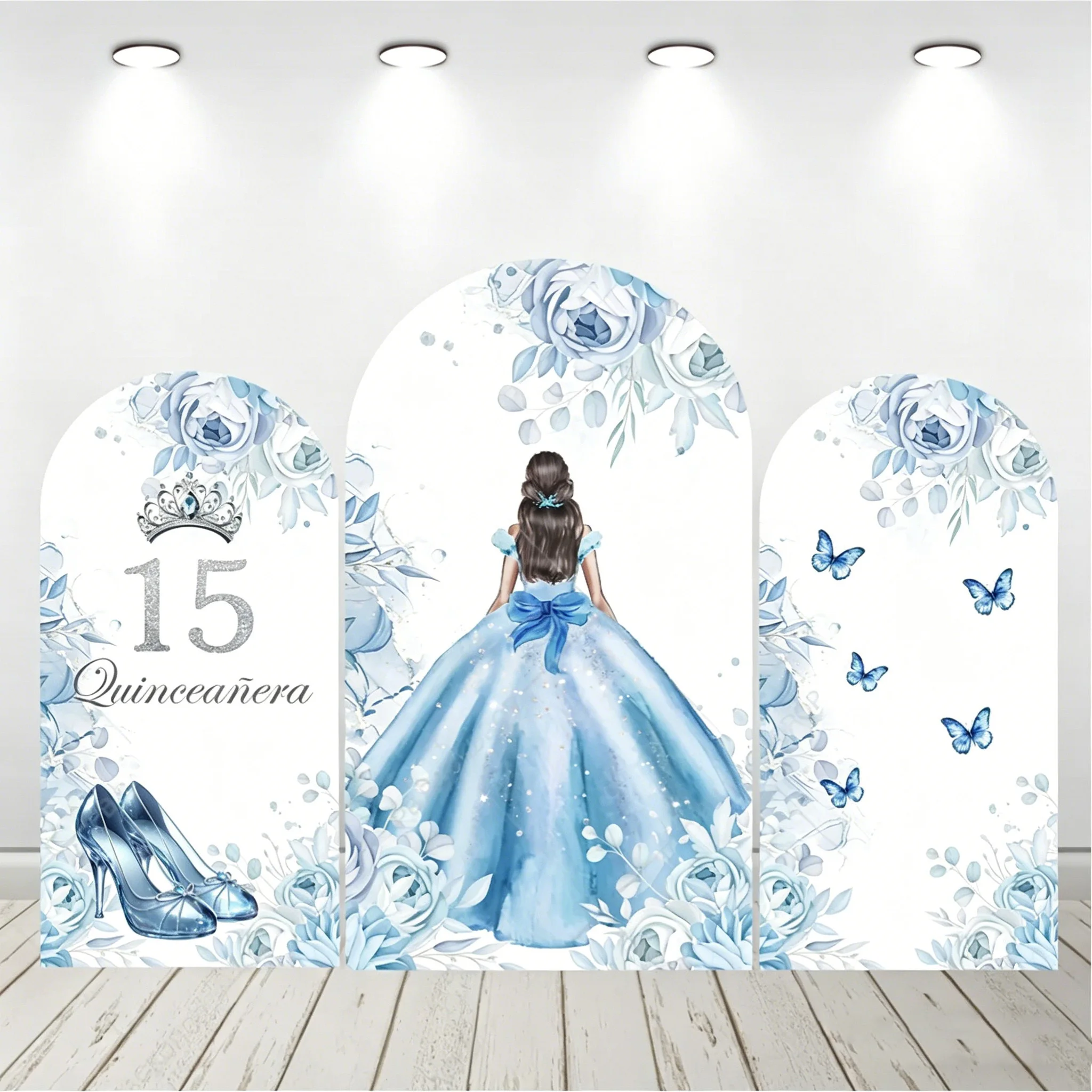 

LS Quinceanera 15 Year Birthday Arch Backdrop Cover Glitter Blue Gold Marble Texture Background Princess Girl Party Photo