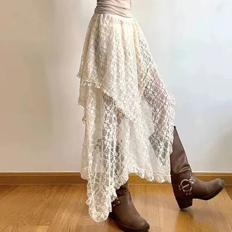 

Винтажная кружевная макси-юбка в стиле бохо с нерегулярным подолом, струящаяся трапециевидная юбка-миди в лесном стиле для женщин, элегантный повседневный пляжный курортный наряд