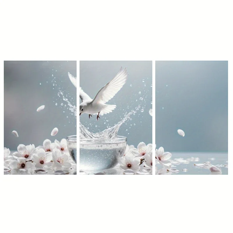 2D Flat, 3pcs Minimalist Dove and Floral Petals Wall Art Prints, White Dove Rising from Glass, Flowing Petals, Frameless Art