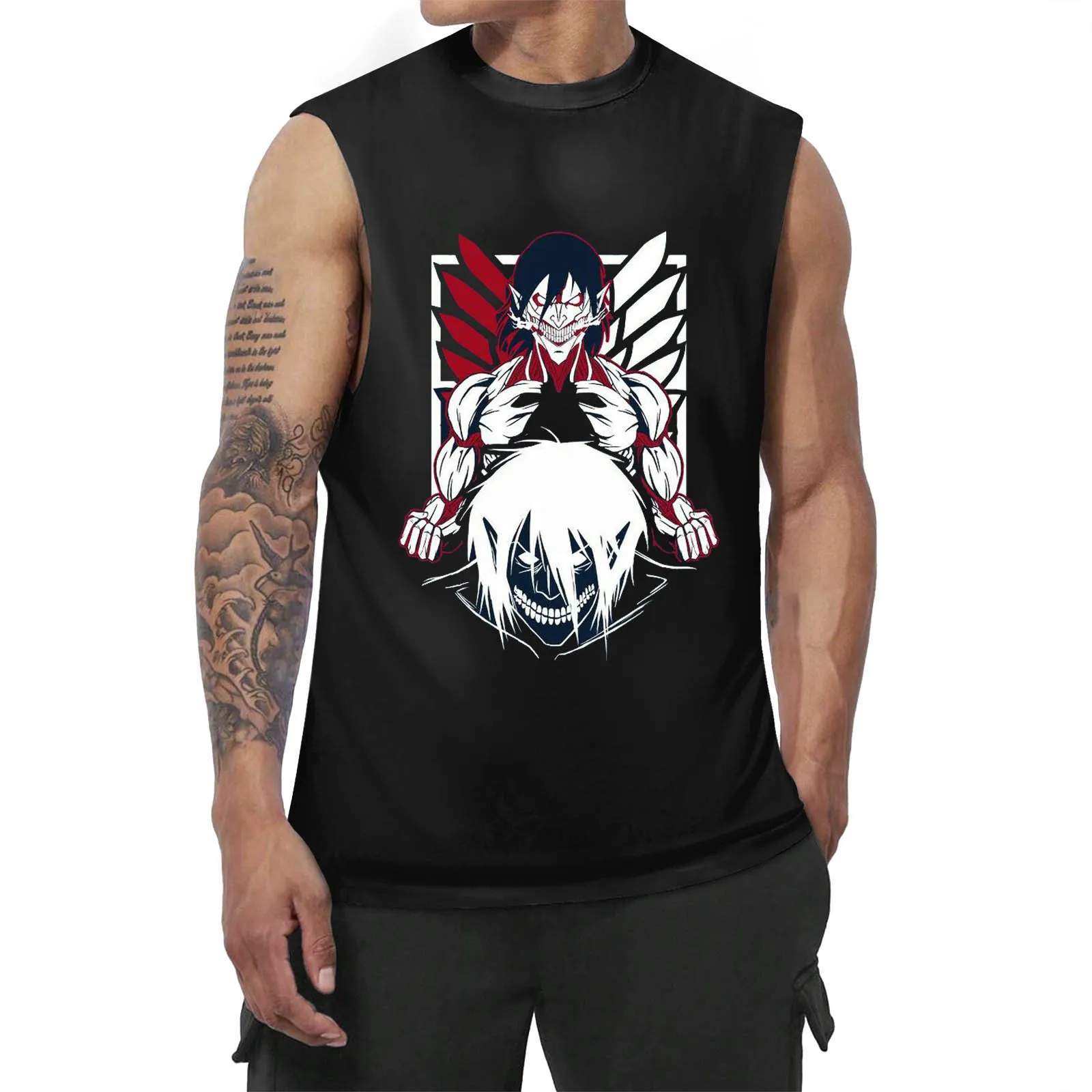 

Japanese Anime Attack On Titan Graphic Print Sleeveles T Shirt Men Fashion Casual Crew Neck Vest Plus Size Male Tank Tops