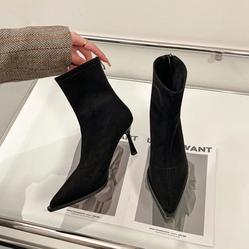 Pointed Toe Women's High Heel Ankle Boots Elegant Dancing Party Shoes 2026 New Spring Autumn Women's Stretch Slim Short Booties view 3