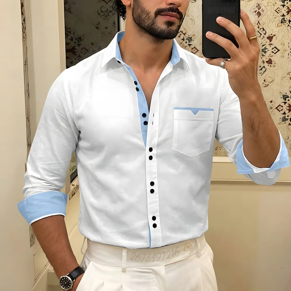 Men's Shirt, Color 21, Light Blue, Color-Blocked, Lapel, Long-Sleeved, Versatile and Stylish for Business Casual and Commuting.