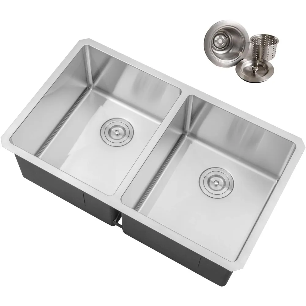 

32 in. x 19 in. x 10 in. 16-Gauge Stainless Steel Undermount 50/50 Double Bowl Kitchen Sink with Strainers