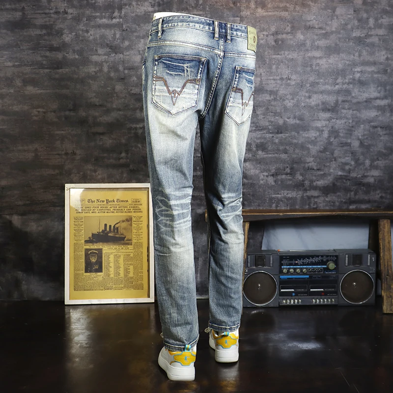 Fashion Designer Men Jeans Retro Blue Stretch Slim Fit Ripped Jeans Men Elastic Trousers Italian Style Vintage Pants Hombre