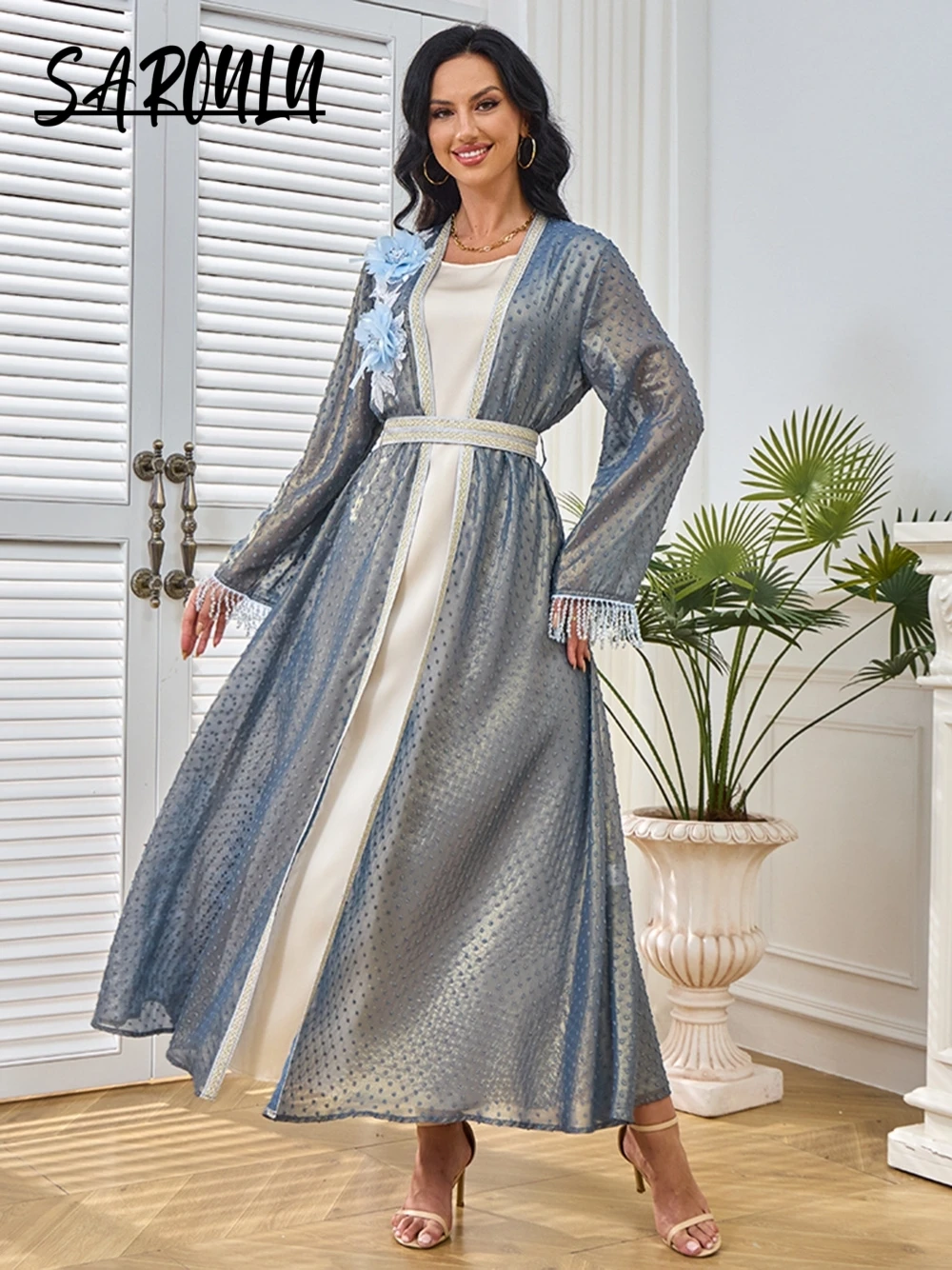 بأسعار معقولة قطعتين فستان سهرة ماكسي قفطان هامش الأصفاد زهرة ديكور فستان حفلات فضفاض للنساء ملابس يومية وصول جديد