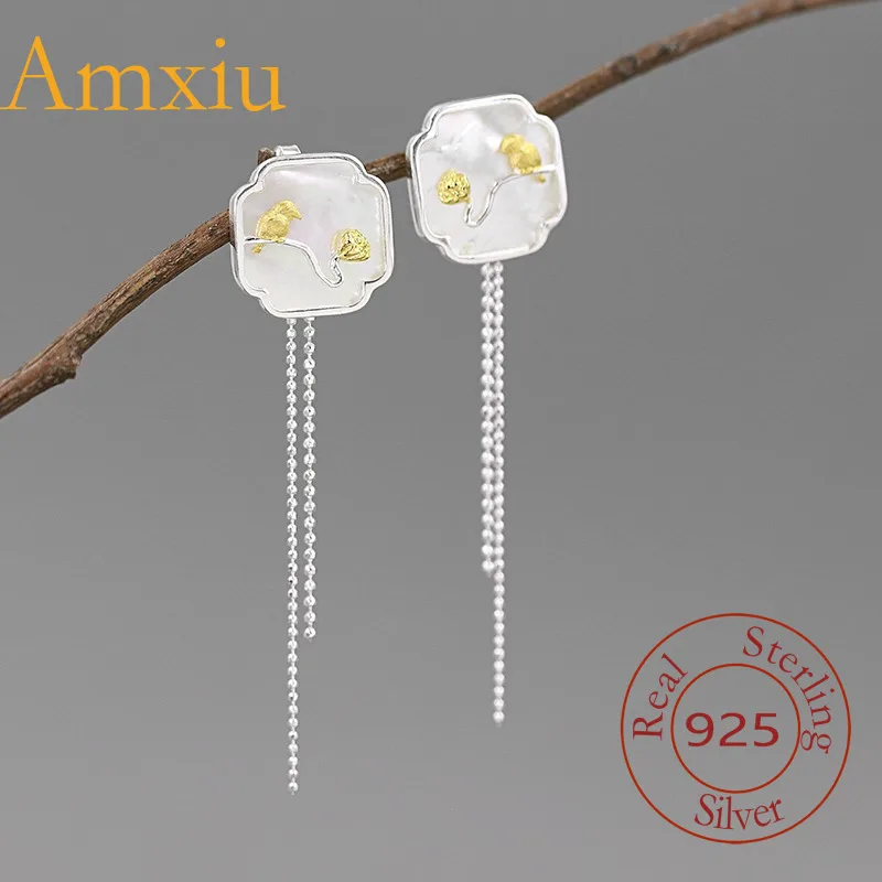 Amxiu Sterling Silver 925  Handmade Design New Chinese Style Bird Lotus Pod Cloud Window White Shell Tassel Earrings