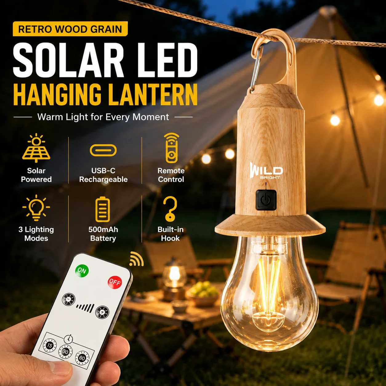 Vintage Solar Lantern, Wood Grain LED Hanging Light, Rechargeable Solar Powered, Remote Control, 3 Lighting Modes for Garden