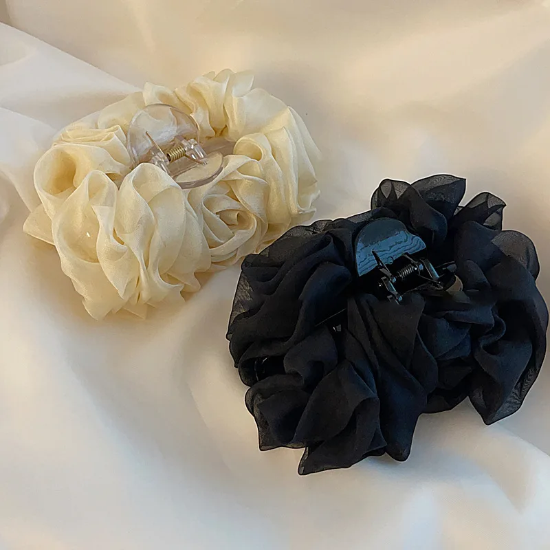 Elegant Silk Chiffon Flower Bow Large Hair Claw Fabric Ribbon Flower Rose Barrettes Women Girls Large Hairpin Hair Accessories