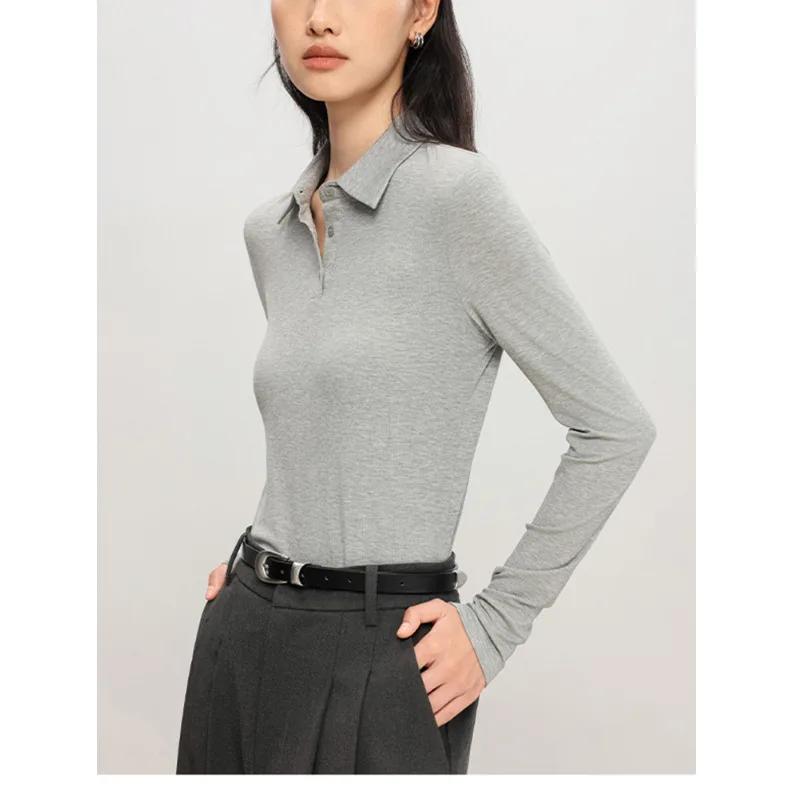 

Women Polo Long Sleeve T-shirt,6% Silk Non-ironing Slim Soft High Elasticity T-Shirt Basic Tops