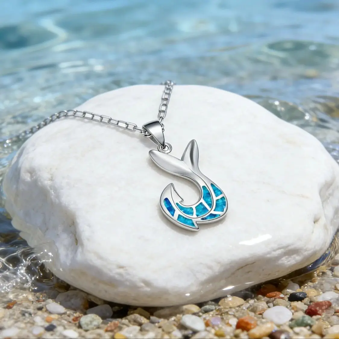 Modern Wave Pendant Necklace,Electric Blue Created Opal in Openwork White K Plated,Abstract Designer Jewelry Gift for Women