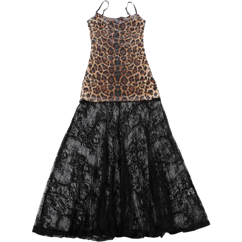 Weird Puss Leoparden-Paillettenkleid Damenmode, verführerisches Kleid mit eckigem Kragen, Spitzen-Patchwork-Saum, ärmellos, für Abendpartys und Clubs – Detail 3