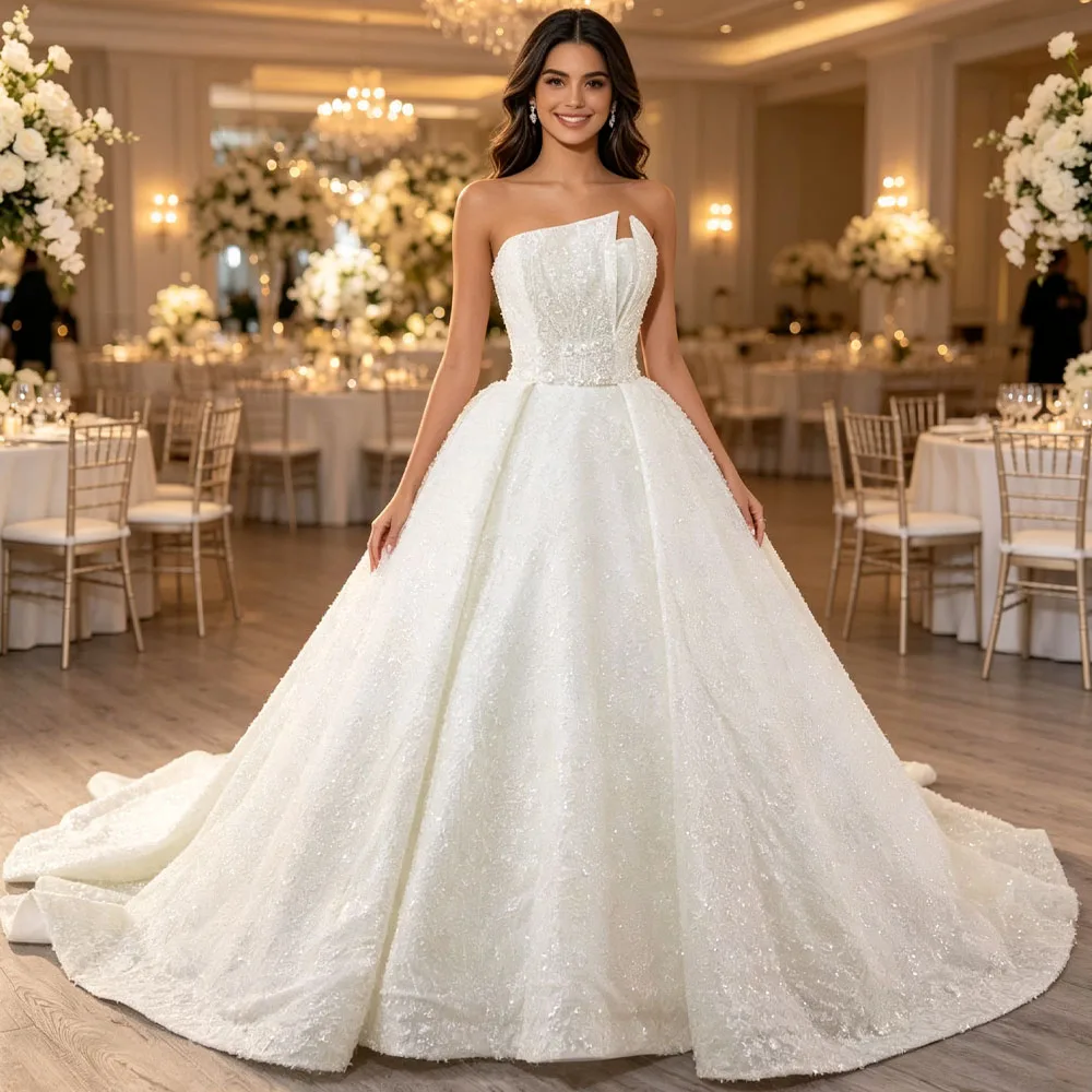 Luxurious Strapless Sleeveless Lace Up Back Ivory Wedding Dress Beading Customized Ball Gown