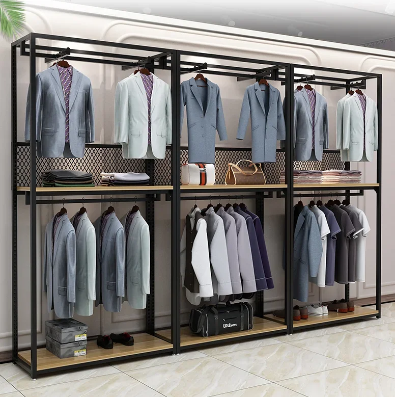 Clothing store display rack floor type double layer display rack clothes hanging rack men's and women's clothing store children