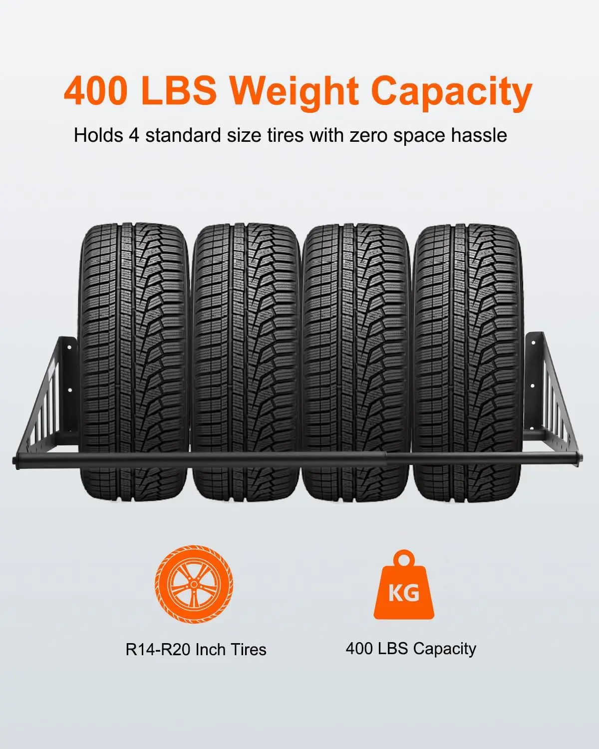 Support mural réglable pour pneus, rangement en acier robuste pour garage, convient à 31 à 56 pouces de large, capacité de 400 lb