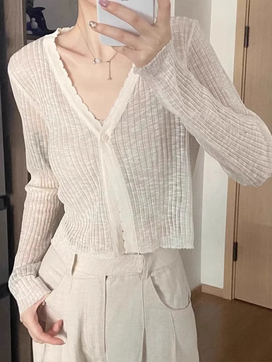 

Blue V-Ne Long Sve Knitted Sun Protection Cardigan Women's Summer Thin Strap Outer irt ort Length Top