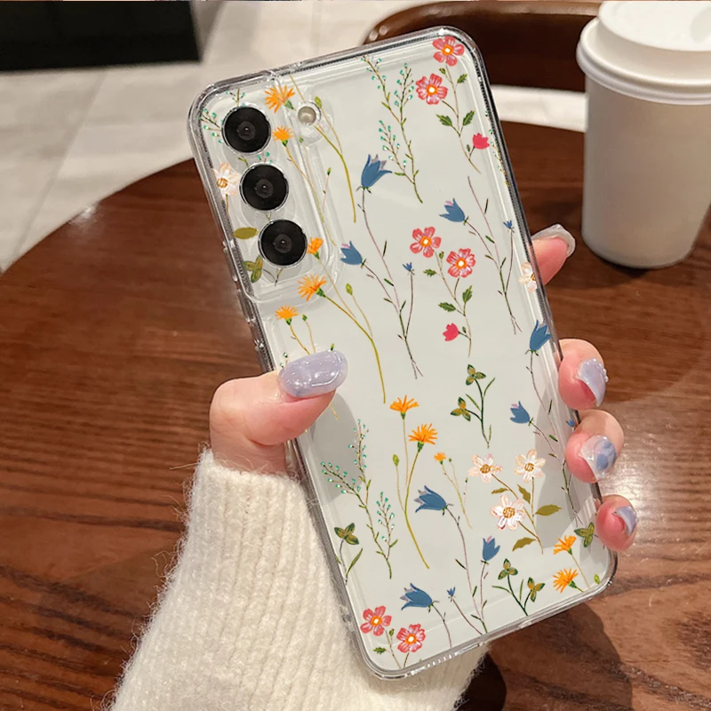 Handyhülle mit kleinem Blumenmuster für Samsung Galaxy S26 S25 S24 S23 Ultra S22 Plus S24 S21 FE S25 Edge, transparente Silikon-Softcover