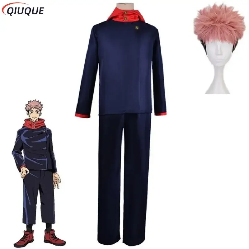 Anime jujutsu Kaisen Yuji itadori cosplay costume men women outfits wigs navy blue/black tops pants sportswear