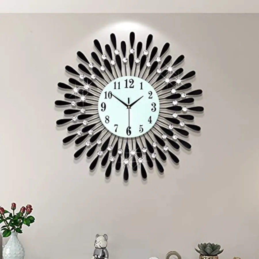

Large wall clock for living room decor: 24-inch round black modern silent non-ticking clock with crystal accents, ideal for bed