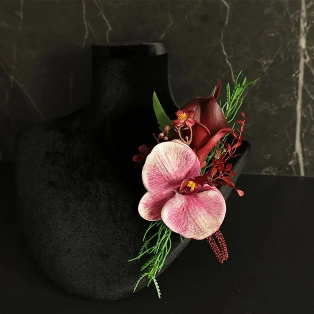 Corsage de Orquídea Mariposa Artificial, Estilo Bohemio, Color Rojo Rosa, Flor de Muñeca Grande Hecha a Mano, Boutonniere