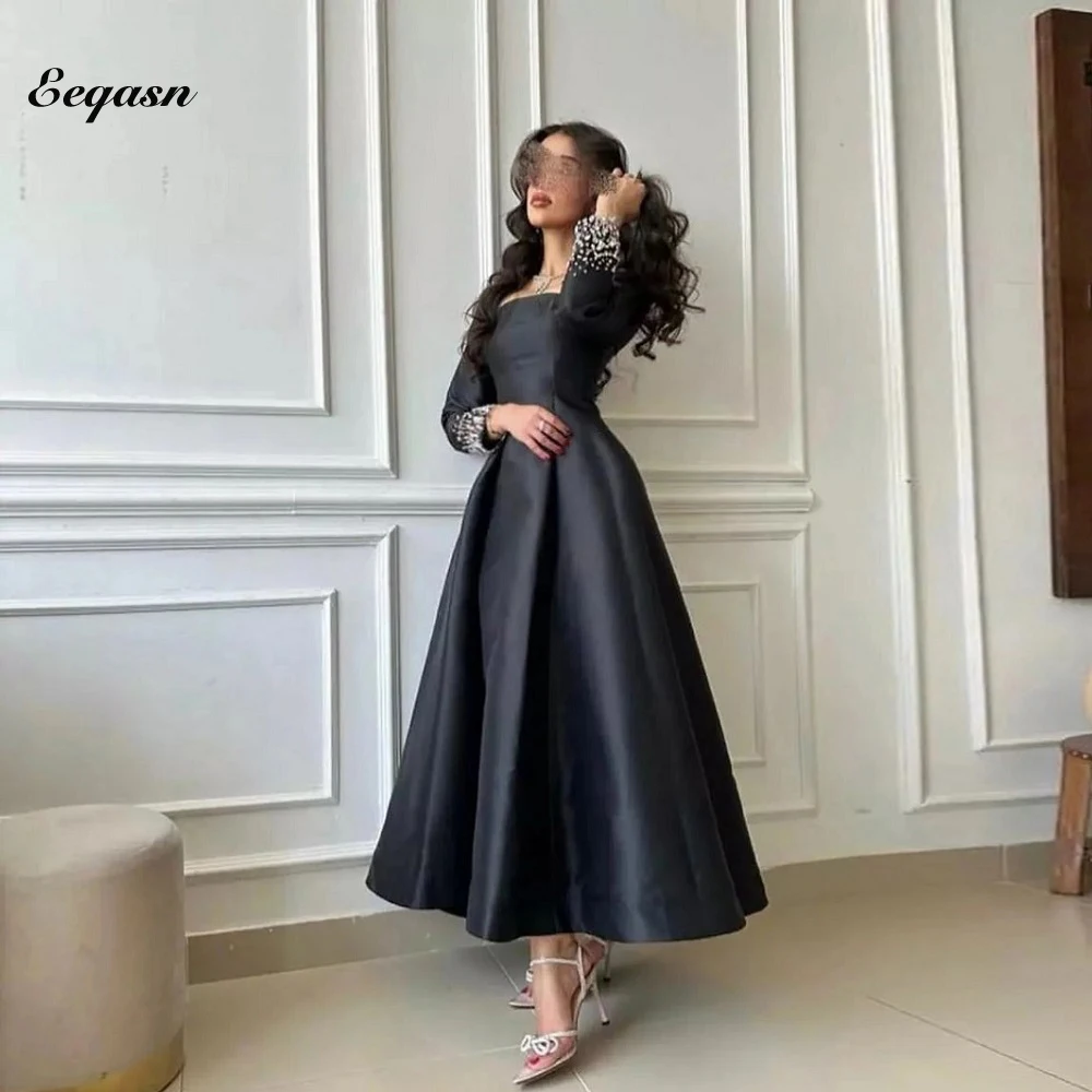 Customized Black Prom Dresses Square Neck Formal Evening Dress Beading Long Sleeve Saudi Arabric Satin Party Gown For Women