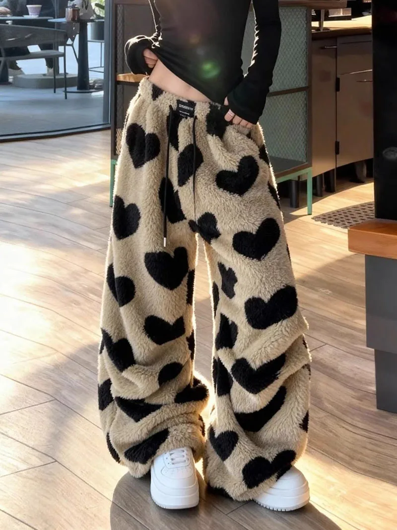 Women's Casual Pants Heart Print Double Sided Fleece Trousers Autumn Winter Warm Drawstring Straight Leg Loungewear