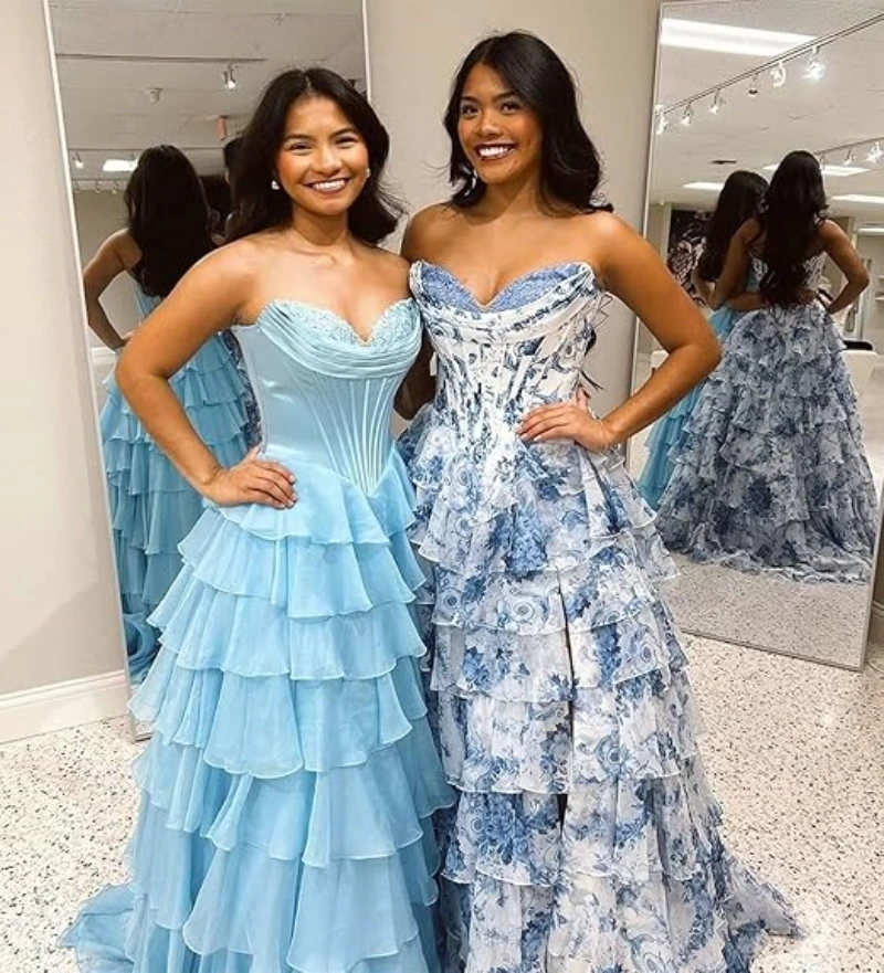 Vestidos de baile em camadas com estampa floral, vestido de baile longo, sem alças, renda de tule, vestidos de noite formais com fenda