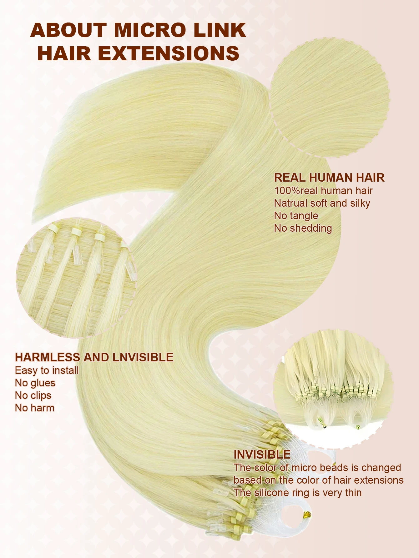Micro Loop Ring Hair Extensions Real Human Hair 50pcs Micro Link Remy Hair 16-20 Inch Platinum Blond Micro Bead Hair extension