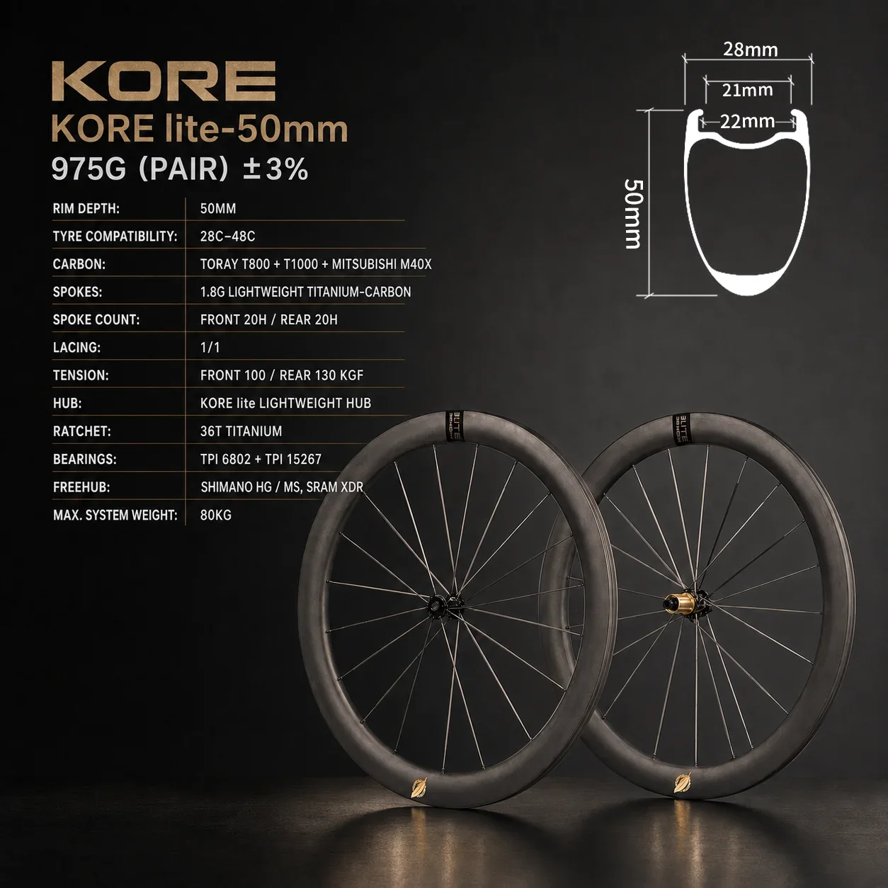KORE LITE 50mmホイールセット カーボンTi合金スポーク T1000カーボンリム 36T Ti合金ラチェットハブ XDR/HG 700C 超軽量ロードレーシング