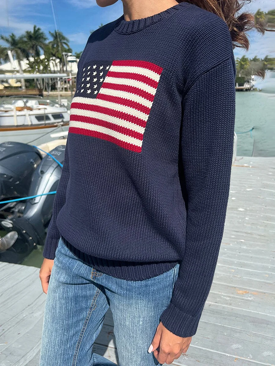 Damen lange Pullover Flagge gemustert Langarm Rundhals ausschnitt gerippt lose gestrickte Oberteile