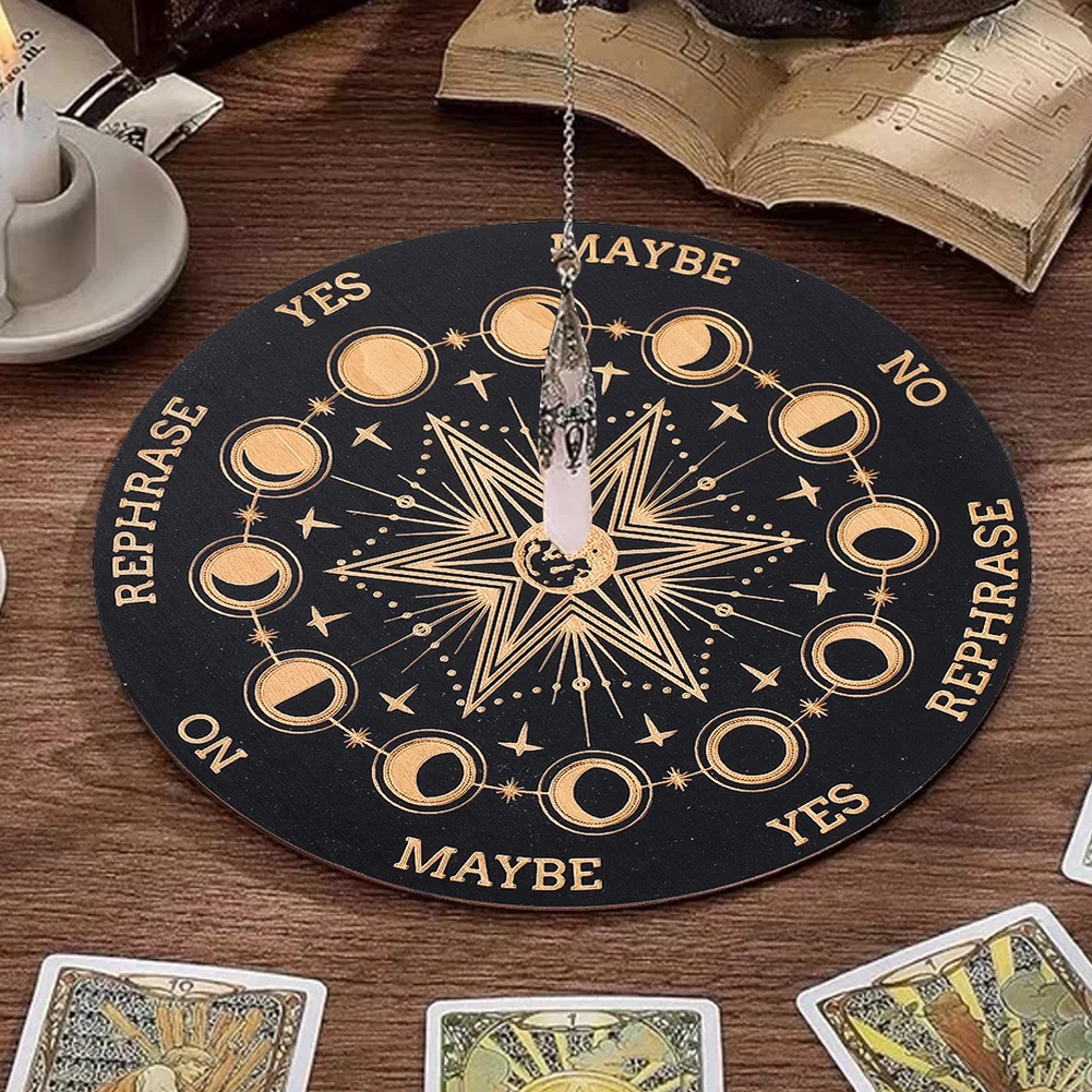 Black Round Wooden Pendulum Board moon lunar phase changes Carved Dowsing Divination Board Creative Altar Supplies Home Decor