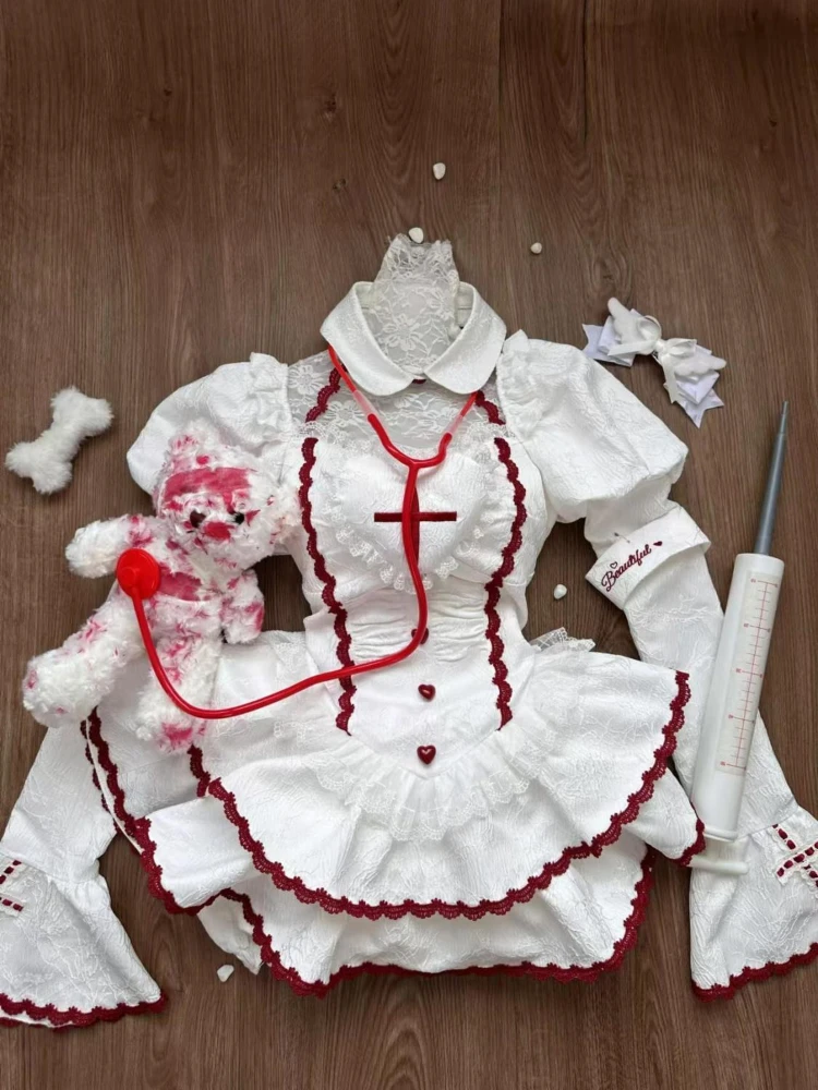 Новинка 2026: Повседневное женское платье Y2K в стиле медсестры с длинным рукавом, однотонное, приталенное, с кружевными вставками, на пуговицах, весна-лето