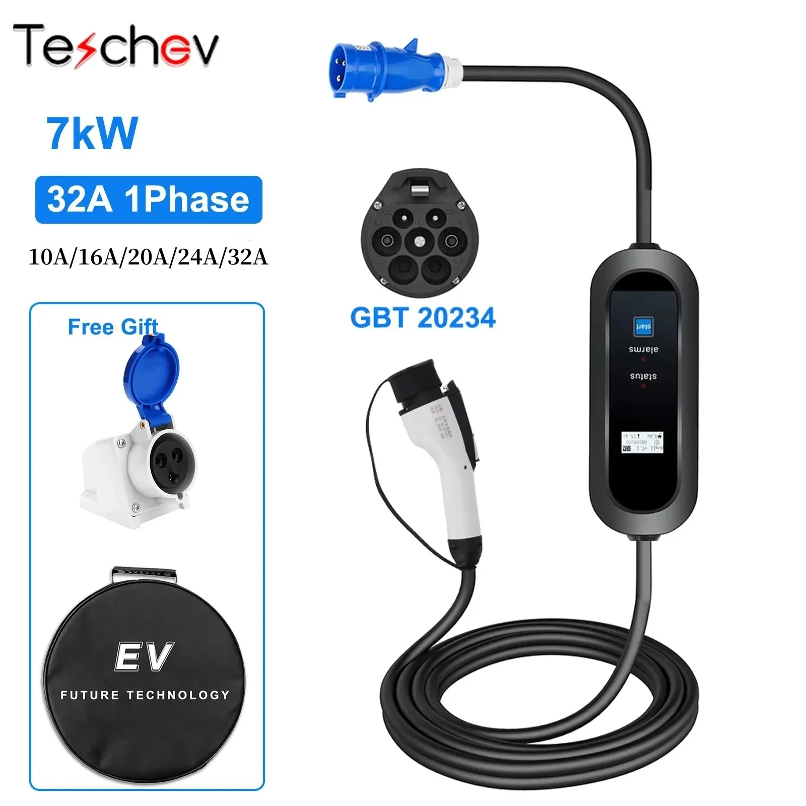 

Teschev Portable 10A/16A/20A/24A/32A GBT EV Charger Portable Car Charger GBT CEE Plug Timer Charging Wallbox Fast Charge Cable