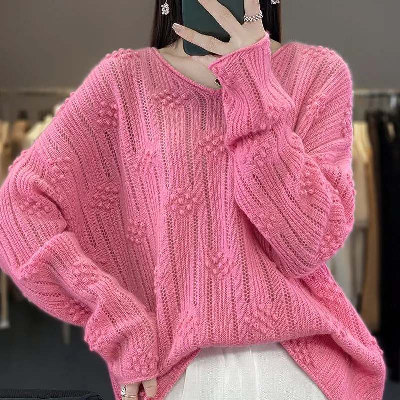 Prendas de punto de manga larga con cuello en V para mujer, Tops de punto que combinan con todo, simples, sueltos, de Color sólido, ahuecados, moda de otoño