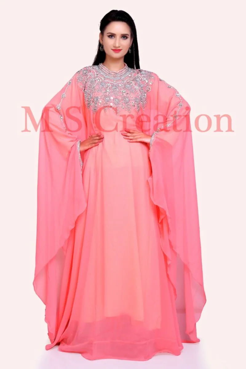 

Peach Georgette Moroccon Dubai Abaya Farasha Kaftan Full Neck Women Dress 56 Inches