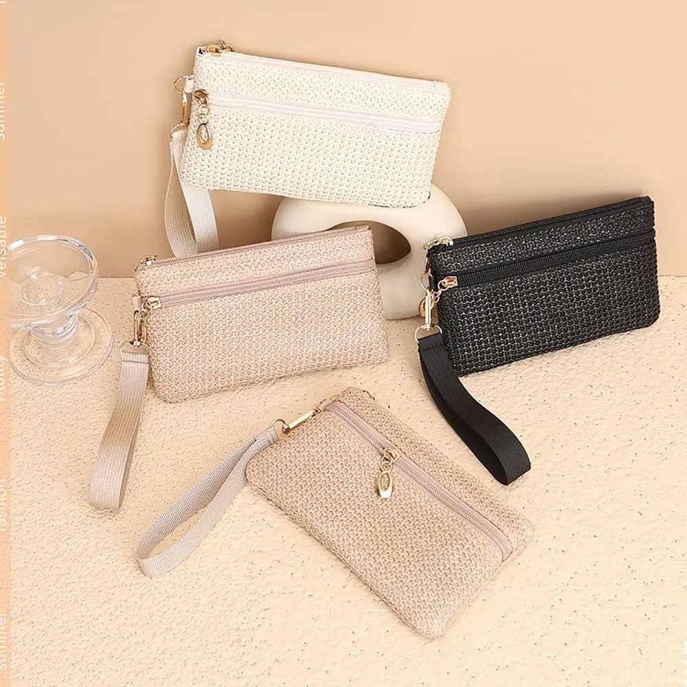 محفظة لطيفة من القش صغيرة بسحاب مزدوج للعملات المعدنية، حقيبة تغيير للسيدات والفتيات