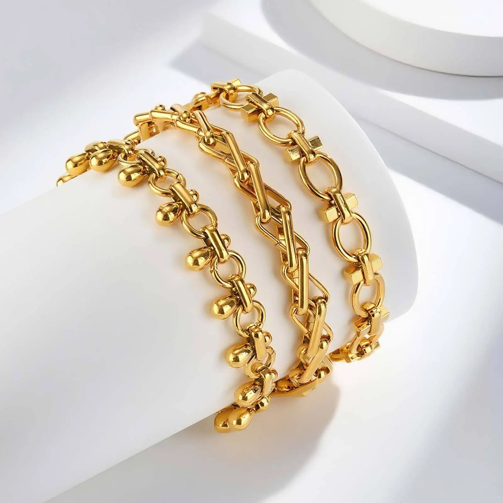 Vnox Classic Stainless Steel Handmade Chain Bracelet For Women Girls Trendy 18K Gold Plated Waterproof Jewelry Gift
