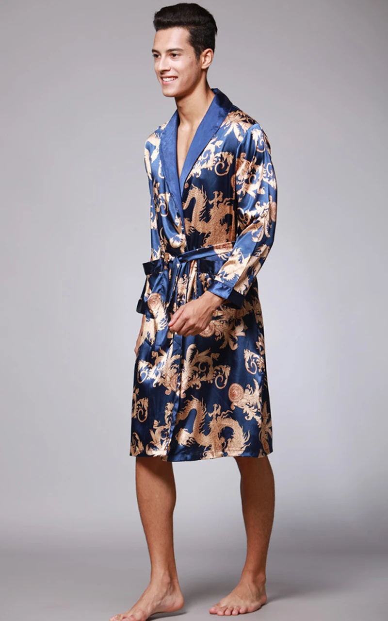 Spring Summer Men's Bathrobes Printed Male Pajamas Long Sleeves Nightwear Sleepwear Satin Silk Robe Pyjama Belt Men Robe MY1165 view 3