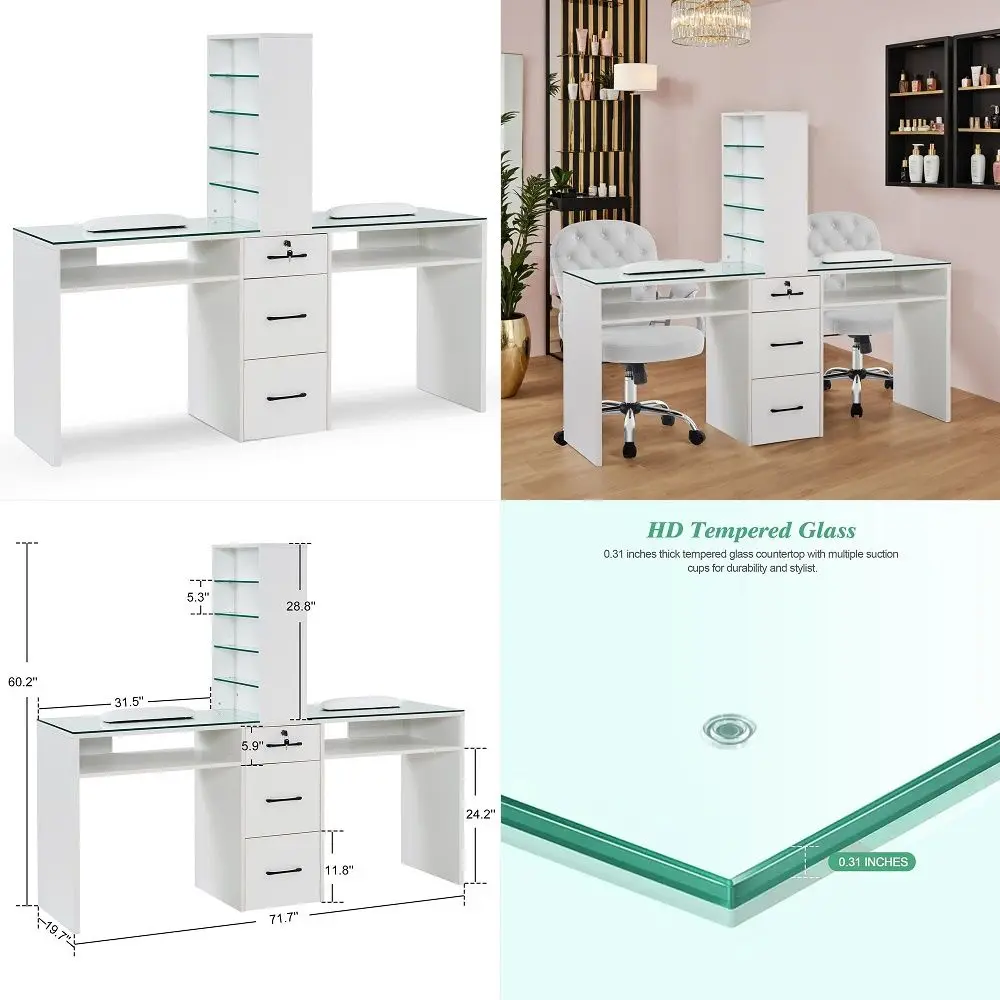 

Double Manicure Table for Storage, Beauty Nail Desk with Glass, Modern Nail Salon Makeup Station, Functional Manicure Workstati