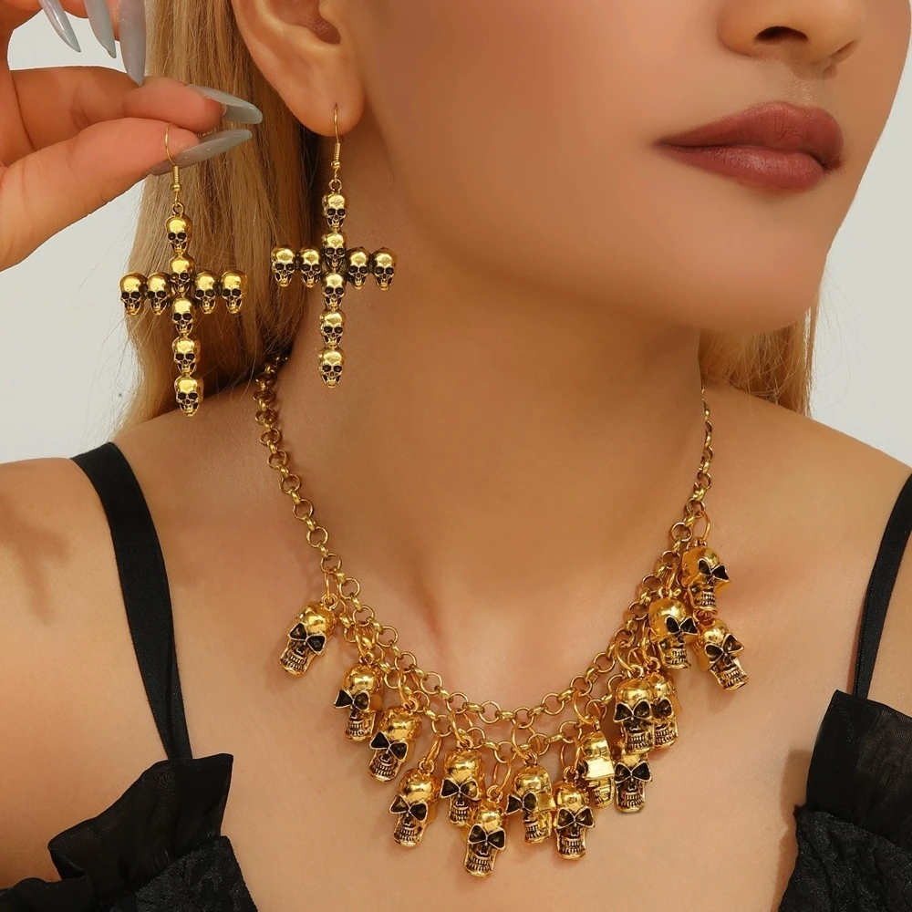

Fashion Halloween Jewelry Punk Vintage Double Layer Metal Skull Tassel Necklace And Earrings Set For Women Party Accessories